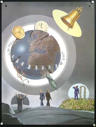 a poster with a group of people standing around the earth
