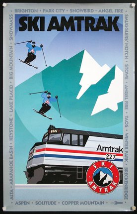 a poster of a train with skiers and snowboarders