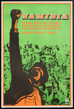 a poster with a man raising his hand