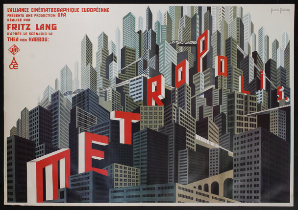 a poster of a city with letters spelling out the title Metropolis on the tops of buildings