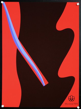 a red and black poster with a blue sword