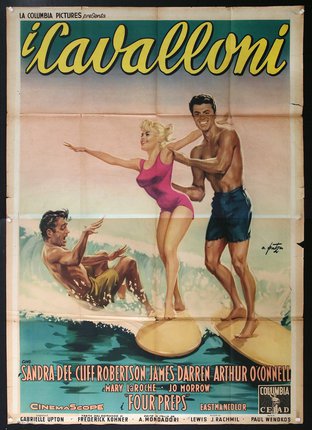a poster of a man and a woman on surfboards