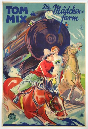 a poster of a man and woman riding a horse