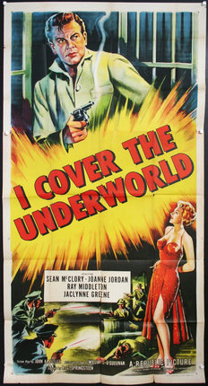 a movie poster with a man holding a gun and a woman in a red dress