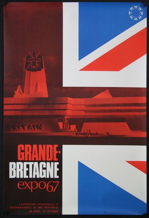 a poster with red white and blue design