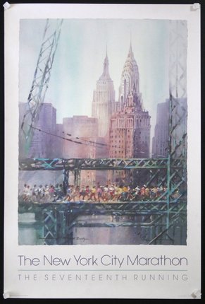 a poster of a bridge with a group of people crossing a bridge
