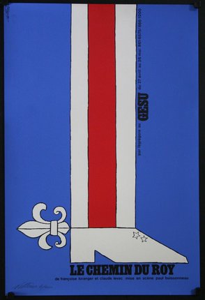 a blue poster with red stripe and white fleur-de-lis