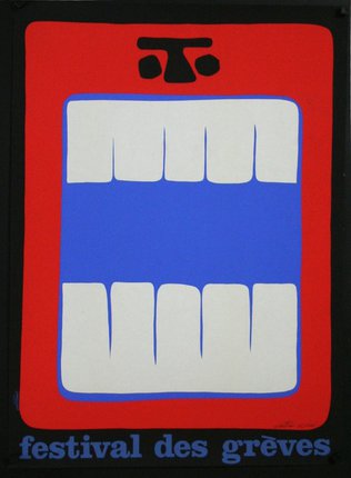 a red and blue rectangular object with white teeth