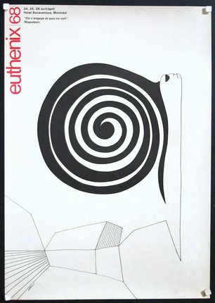a black and white poster with a spiral design