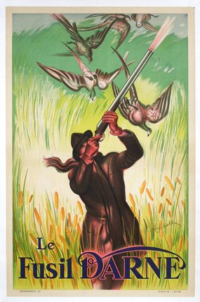 a man holding a gun and birds flying