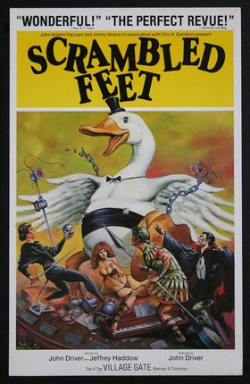 a poster of a duck with a white duck and a man playing a musical instrument