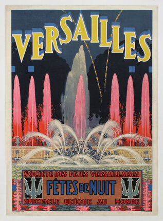 a poster with a fountain and fireworks