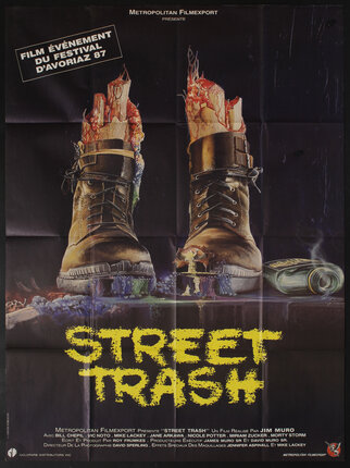 movie poster with gruesome illustration of disembodied laced boots with bone, flesh, blood, and sinew sticking out from their tops