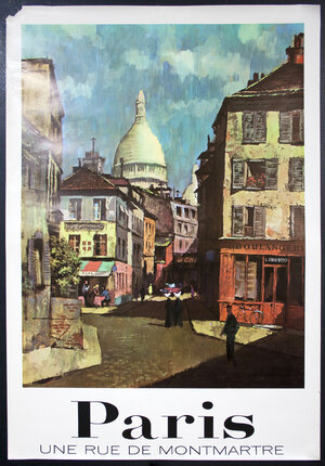 a poster of a street with buildings and a dome