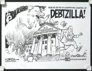 a cartoon of a pig running away from a government building