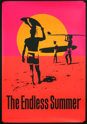 a poster of a man holding surfboards