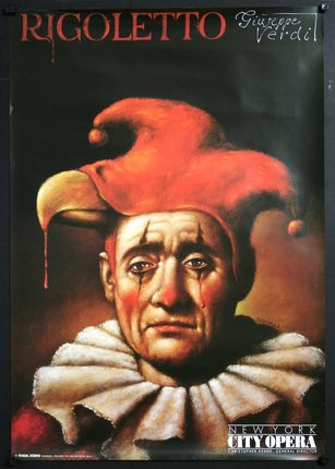 a poster of a clown with a red hat