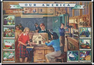 a poster of a group of people working on a model house