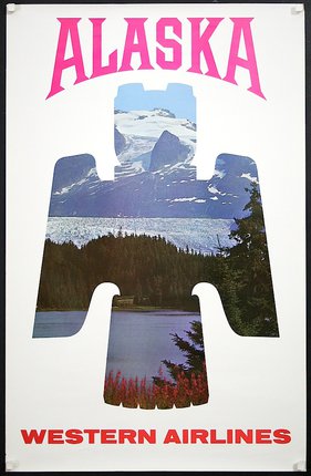 a poster with a picture of a mountain and lake