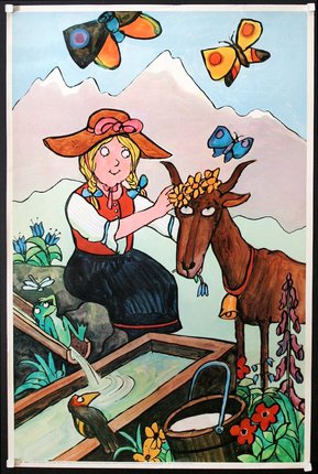 a cartoon of a woman feeding a goat