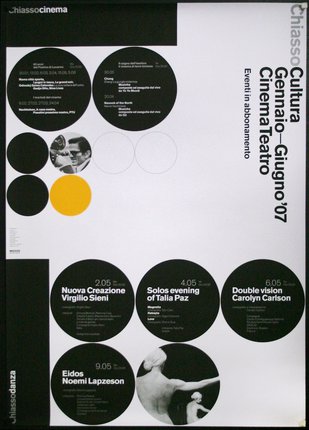 a poster with black circles and white text