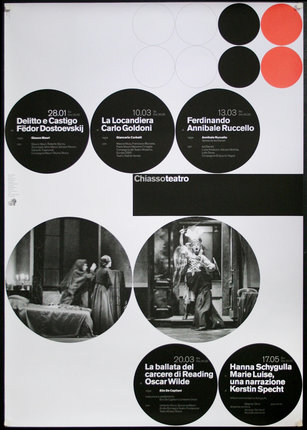 a poster with black and white circles and images