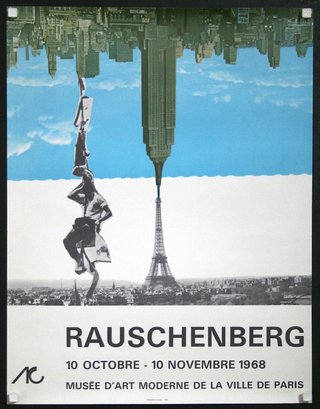 a poster with a tower and a man from it