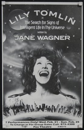 a woman laughing on a poster