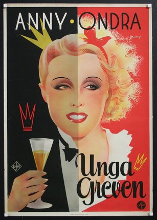 a poster of a woman holding a glass of champagne