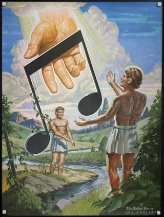 a painting of a man and a man holding a musical note