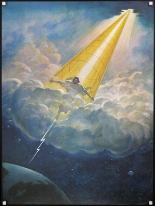 a man in a cloud with a light beam coming out of it