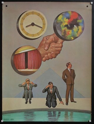 a poster with a hand holding a magnifying glass and a man's hands