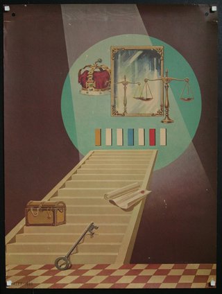 a poster of a staircase with a key and a key