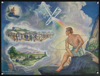 a painting of a man looking at a group of people