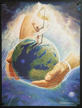 a poster of a man holding a dollar sign on a globe