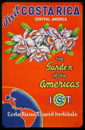 an orange poster with flowers and a globe