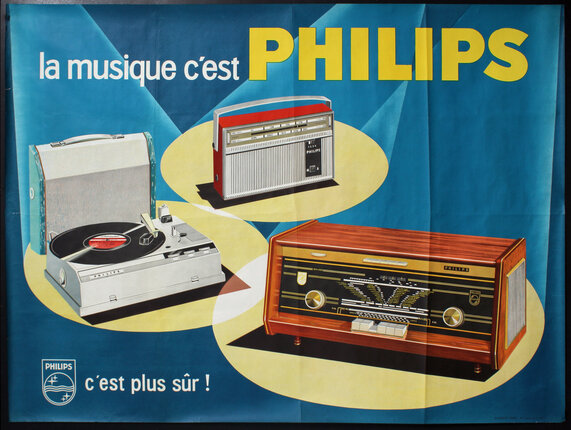 a poster of two radios and a record player under spotlights