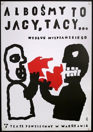 a poster with two black and red characters