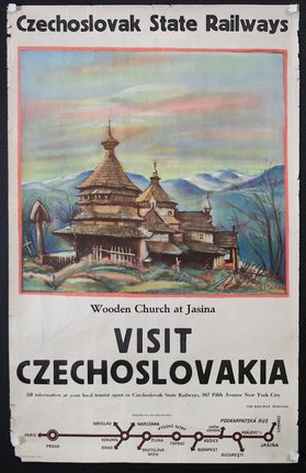 a poster with a building and mountains in the background