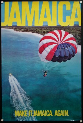 a poster with a parachute and a boat in the water