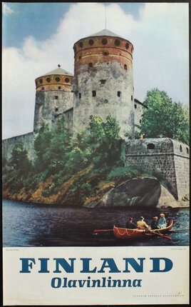 a poster of a castle with a boat