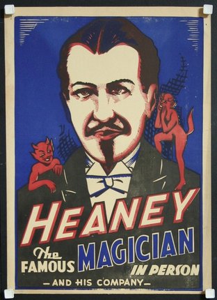 a poster of a man with a mustache and a devil