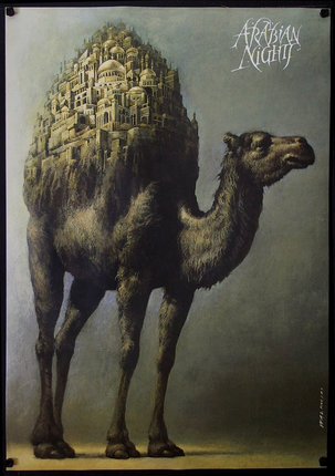a camel with buildings on it