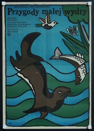 a poster with a sea lion and fish