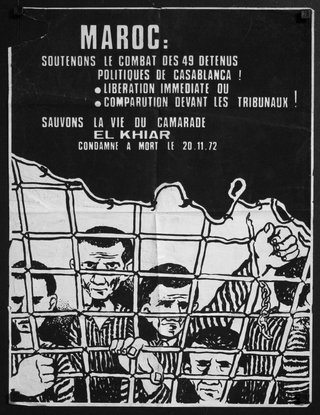 a black and white poster with several men behind a fence