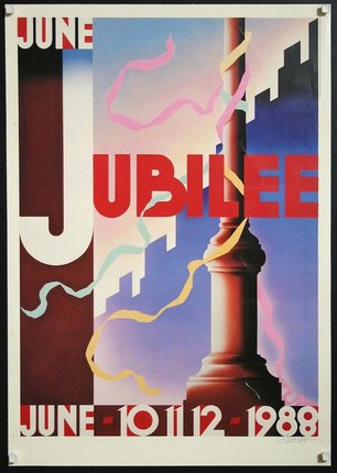 a poster with a pole and colorful ribbons
