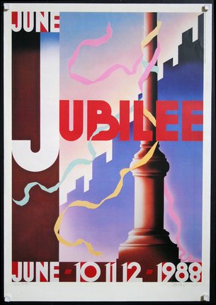 a poster with a pillar and colorful ribbons