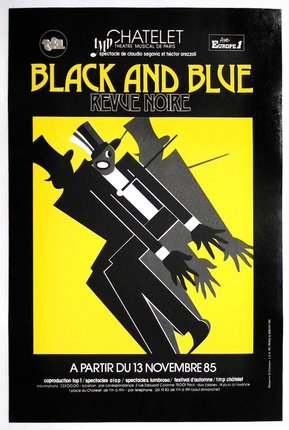 a black and yellow poster with a man in a suit
