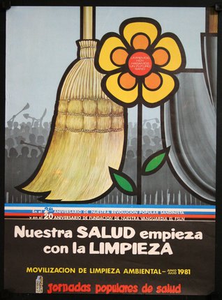 a poster with a yellow flower and a broom