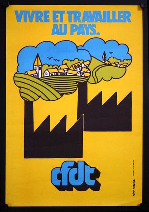 a yellow poster with a black silhouette of a village